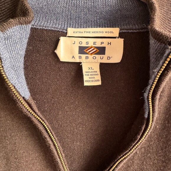 Joseph Abboud 1/4 Zip Sweater Mens Size XL 100% Extra Fine Merino Wool Brown - Picture 3 of 4